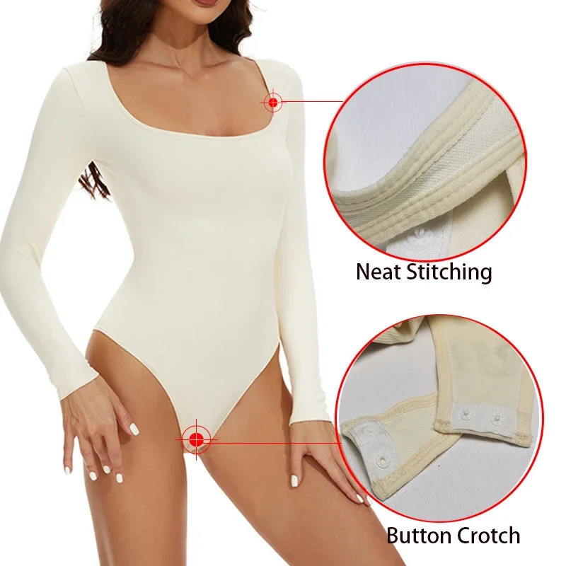 GUUDIA Spandex Elastic Body Suit Shapewear Women Body Shaper Tummy Control Long Sleeve Open Crotch Big U Neck Seamless Shapers 241225