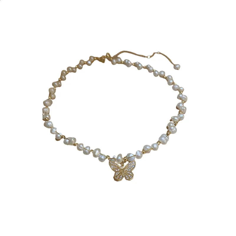 Elegant Butterfly Shiny Crystal Natural Freshwater Baroque Pearl 14K Gold Filled Ladies Necklace Jewelry For Women Short Chain 241226