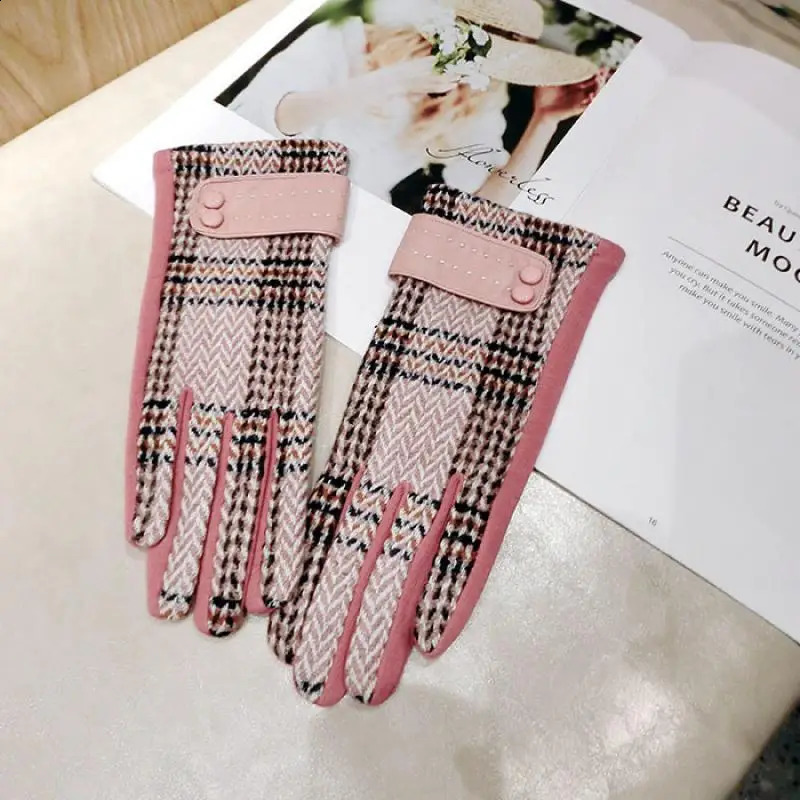 Woolen PU Leather Striped Wool Gloves Korean Version Of Autumn And Winter Button Girl Finger Thick Five-finger Gloves 241226