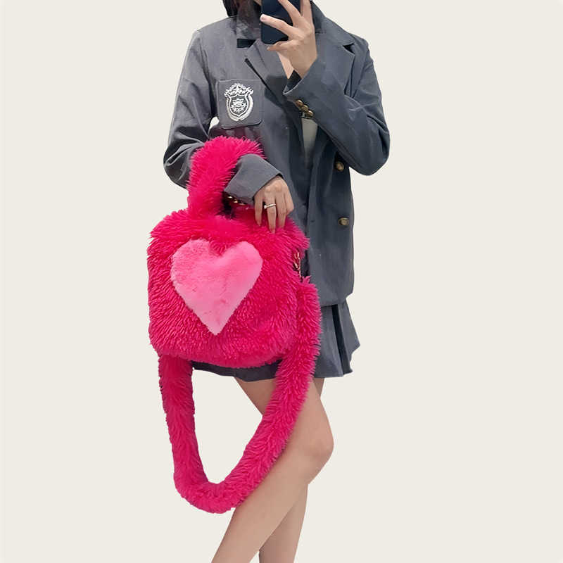 Hairy Bag Women's Heart Pattern Large Capacity Plush Tote Bag Internet Celebrity Casual Shoulder Bag 241215