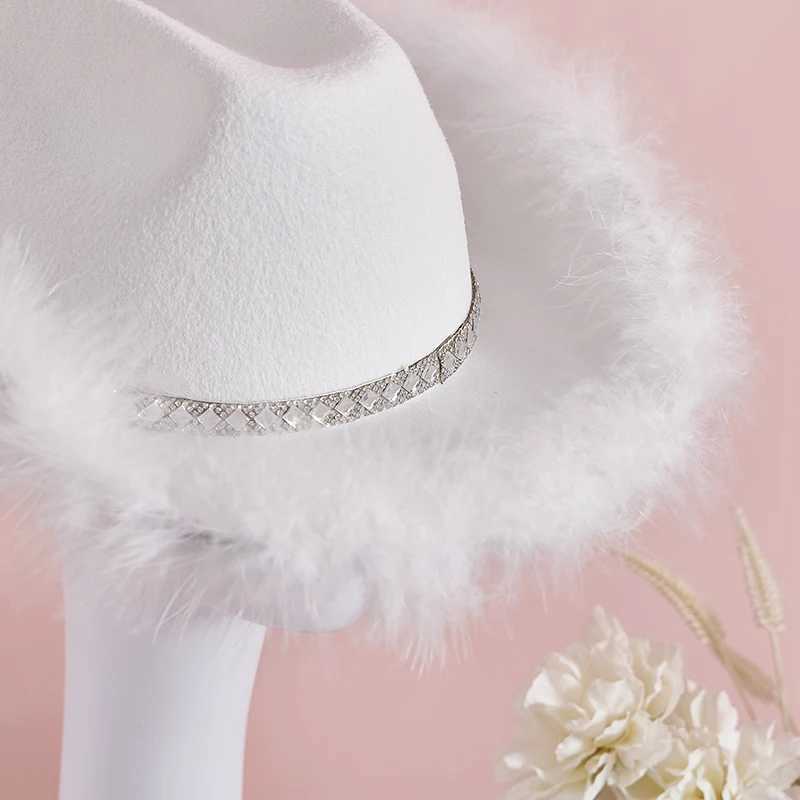 CocMouse Womens Cowboy Hat Fluffy Feather Decoration Wide Brim Flat Top Disco Cowboy Hat Western Club Party Costume Props W241225