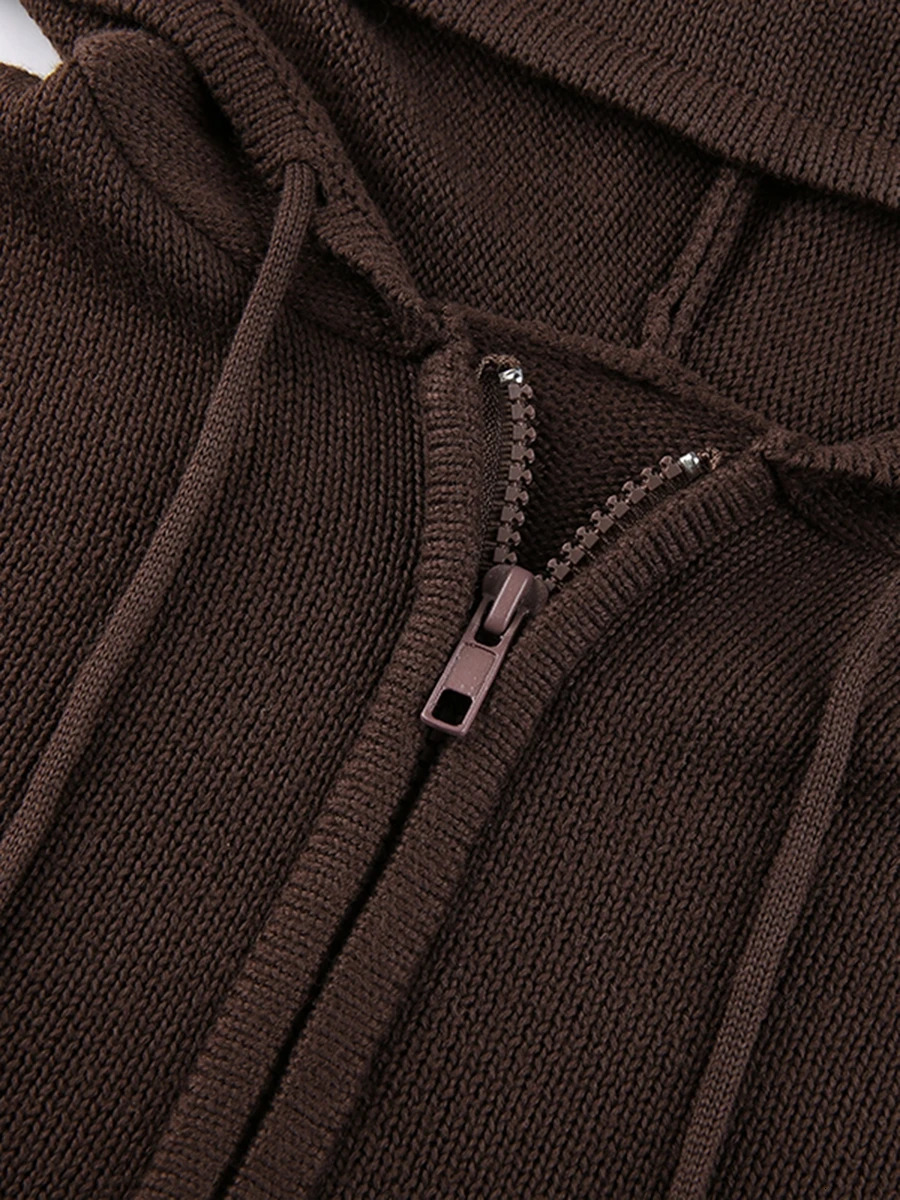 Womens Vintage Knitted Zip Up Cropped Hoodie y2k Oversized Long Sleeve Drawstring Sweatshirt Solid Color Cardigan Streetwear 241223