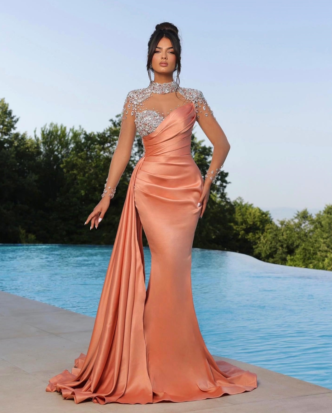Pink Orange Elegant Mermaid Evening Sheer Beads Appliques High Neck Satin Pleats Ruffles Formal Prom Dresses With Long Sleeves BC