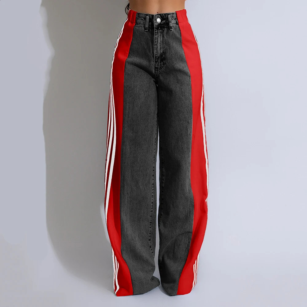 Summer Long Trouses For Women Casual Washed Denim Vintage Jeans Fashion High Waist Elastic Three Stripe Patchwork Straigh Pants 241220