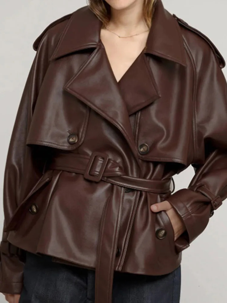 Retro Deep Brown Lace Up Lapel Leather Jacket Women Chic Long Sleeve Button Pocket Slim Coat Lady Winter High Street Outwear 241225