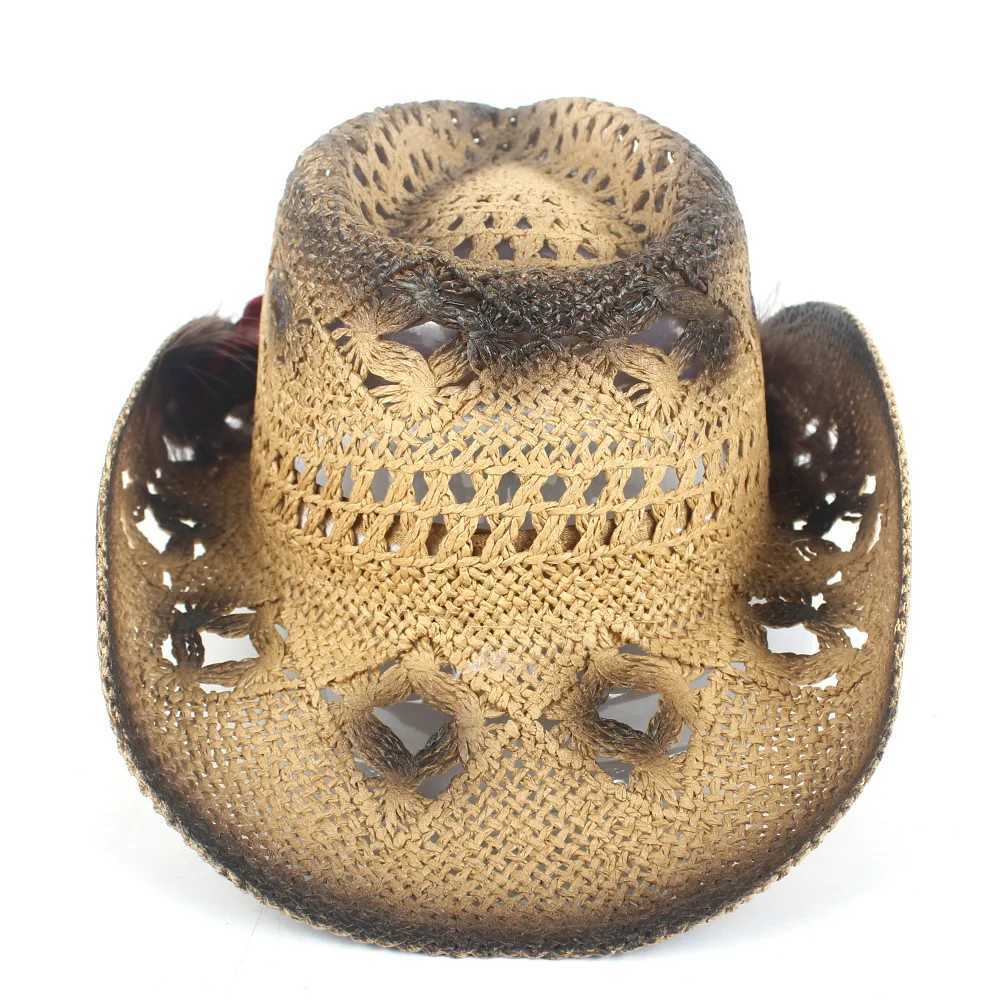 Womens Str Hollow Western Cowboy Hat La Handmade Peacock Feather Straw Hat Hombre Beach Cowboy Girl Jazz Sun Hat Size 56-58CM W241225