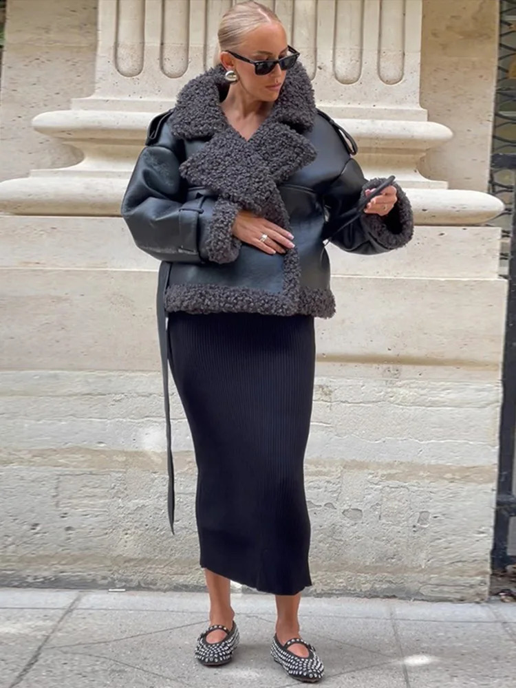 PU Leather Lamb Wool Patchwork Womens Jackets Belt Solid Lace Up Lapel Thicken Warm Overcoat Autumn Winter Lady Jacket 241217