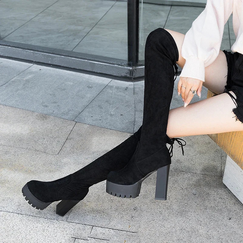 Comemore Tight Knight Boots Suede High Heels Thick-soled Stretch Long Boot for Women Trend Plush Warm Winter Knee Botas 241226