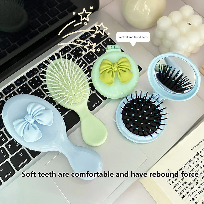 Cute Handheld Folding Massage Comb With Makeup Mirror Travel Portable Plastic Airbag Small Hair Brush Bow Tie Air Cushion Comb 241225
