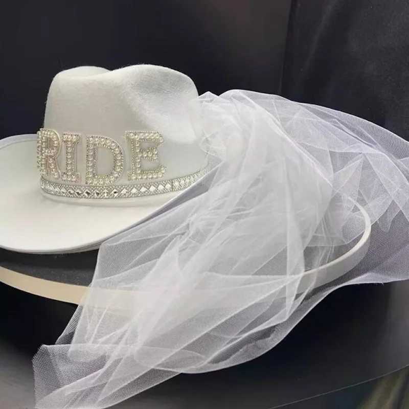Bridal Pearl Veil Cowboy Hat Country West Space Disco Bridal Cowboy Girl C Wedding Singles Party Shower Decoration Gift W241225