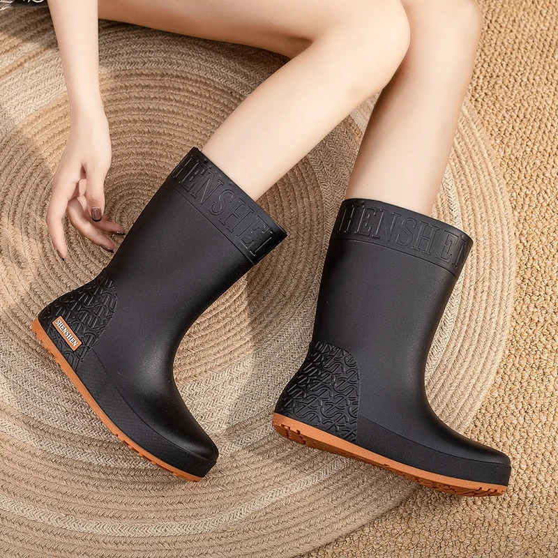 Rain Boots Ladies Adult Fashion Mid-Calf Waterproof Non-Slip WearResistant Working Water-Proof Shoes Winter Cotton plus Warm 241226