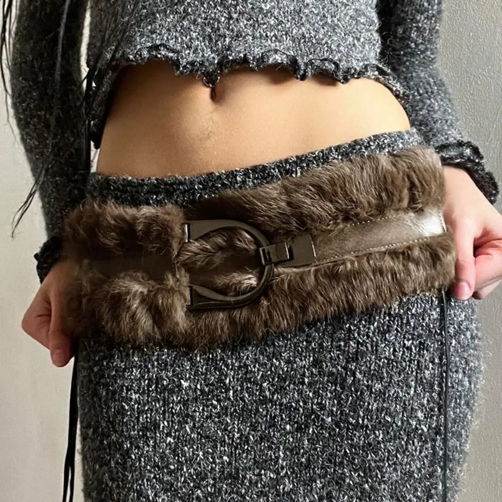 Vintage PU Leather Fur Belt Y2K Plush Waist Chain Faux Fur Waist Belts Furry Sexy Vintage Waistband Hiphop Jeans Belt 241226