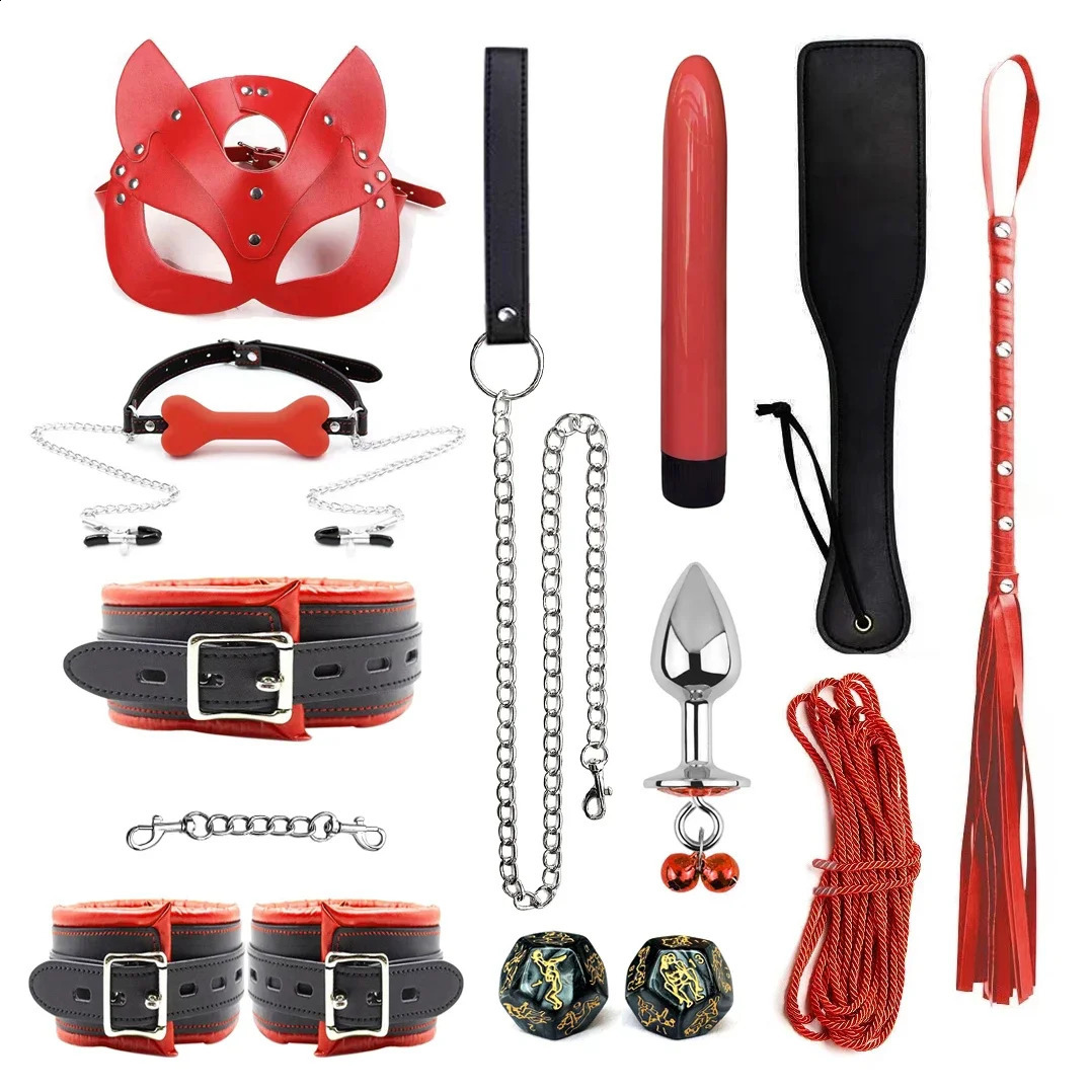 BDSM Bondage Restraint Set Sex Handcuffs Whip Anal Beads Butt Plug Anal Plug Bullet Vibrator Sex Toys for Woman Adult S M Fetish 241226