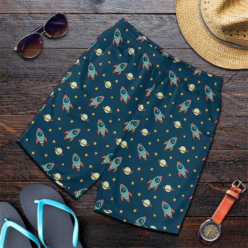 Mens Oversized Beach Shorts Cartoon Rocket Harajuku Cool Swimming GYM Trunks Quick Drying Lace-up Short Pants Daily Ice ShortsXJ241226