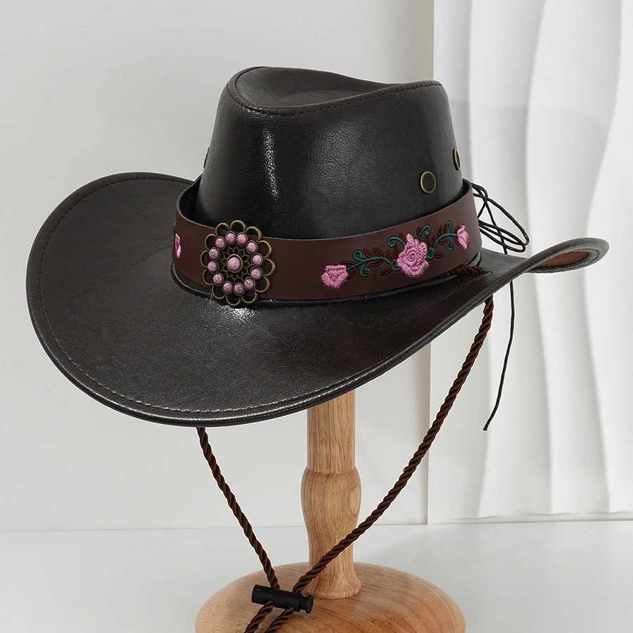 Artificial Leather Western Womens Cowboy Hat Retro Wide Brim Gentlemens Church Jazz C Cowboy Hat Sombrero Hombre W241225