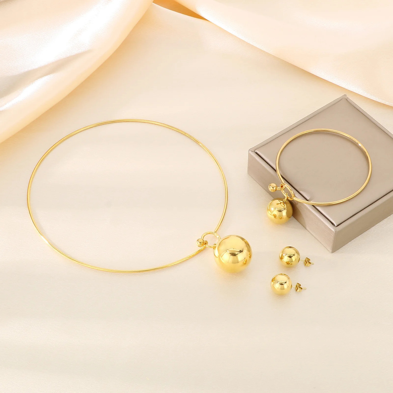 Simple Hollow Round Beads Stainless Steel Sets Bangle Choker Earrings For Women Silver/Gold Color Wedding Party Jewelry 241226