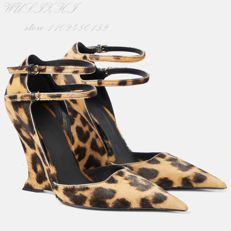 Brown Suede Black Ed Leopard Print Wedge Sandals Women Pointed Toe Light Red Shiny Leather Stone Pattern Buckle Sexy Shoes