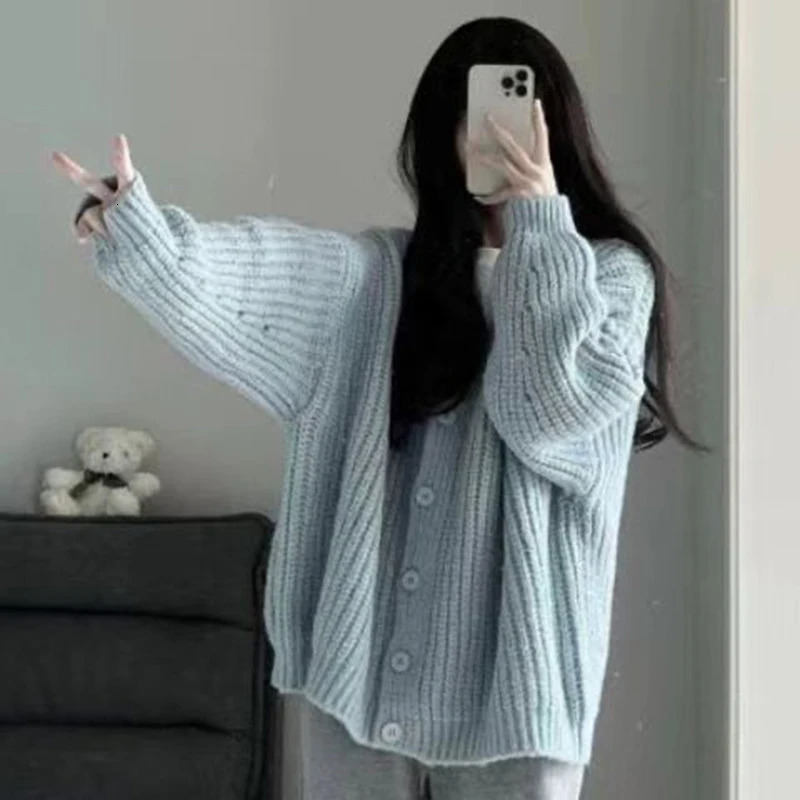 Rimocy Sweet Pink Knitted Cardigan Sweater Women Korean Long Sleeve V Neck Cardogans Woman Wild Button Up Jumper Coat Female 241225