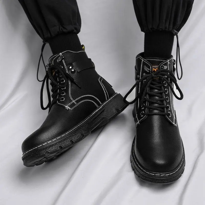 Man Shoes Waterproof High Cut Boots for Men Spring Autumn Lace Up Leather Black Classic Low Price Offer Fashion Sale Casual 241226
