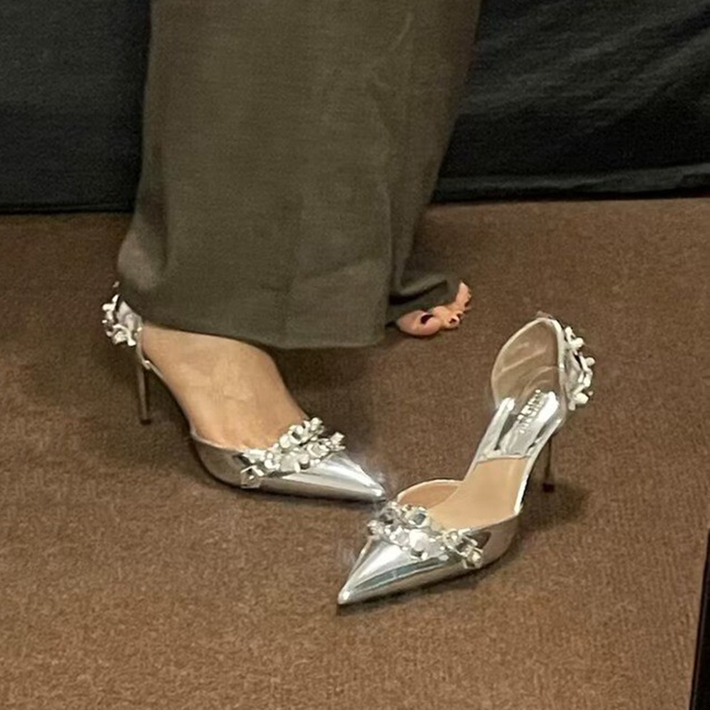Black Punk Gothic High Heels Pumps For Women 2024 Spring Y2k Metal Decor Thin Heeled Woman Pointed Toe Sier Party Shoes