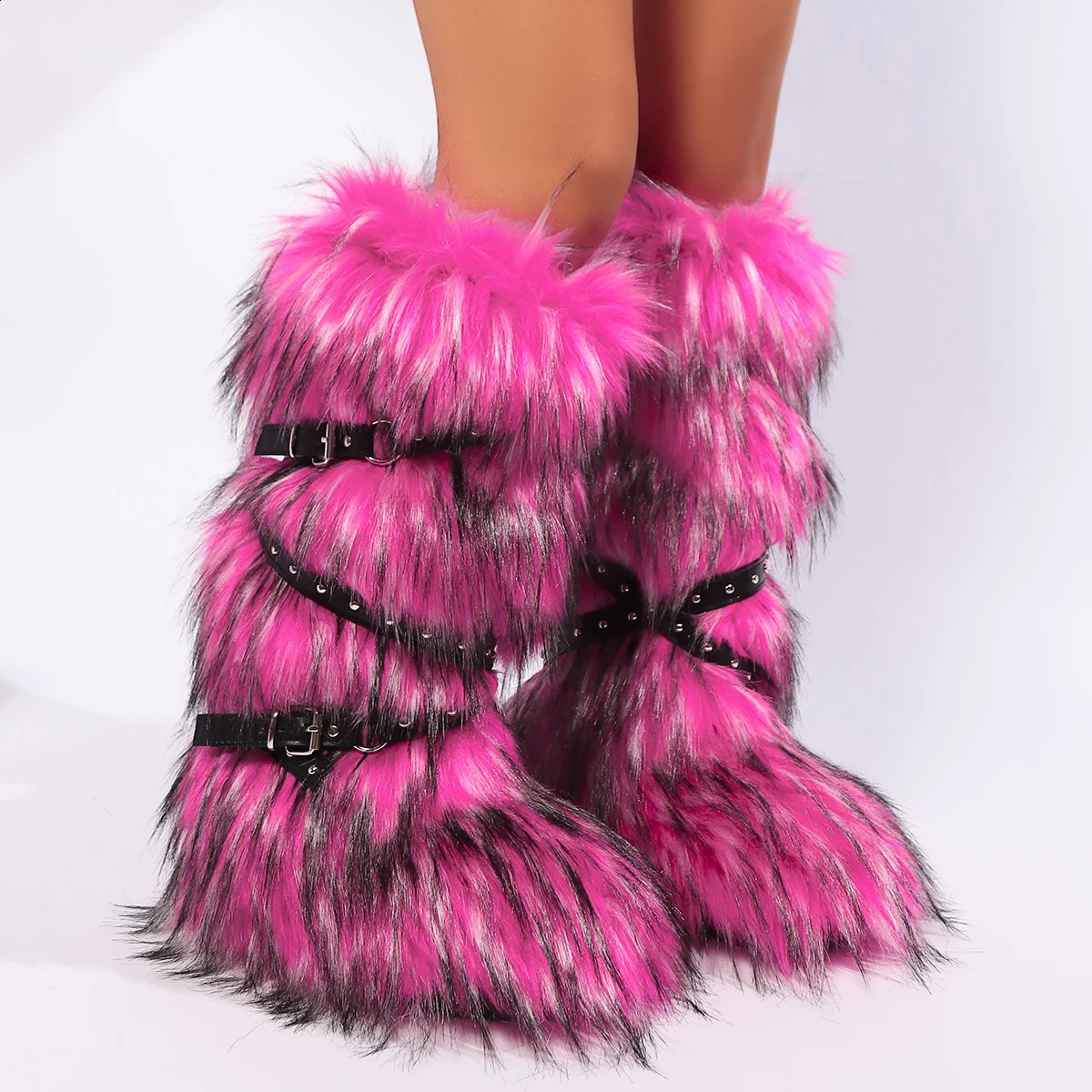 Winter Fur Onepiece Raccoon FurFemale Snow Boots Fur shoes OutdoorMid Leg Boots y2k Cool Pink Girl241226