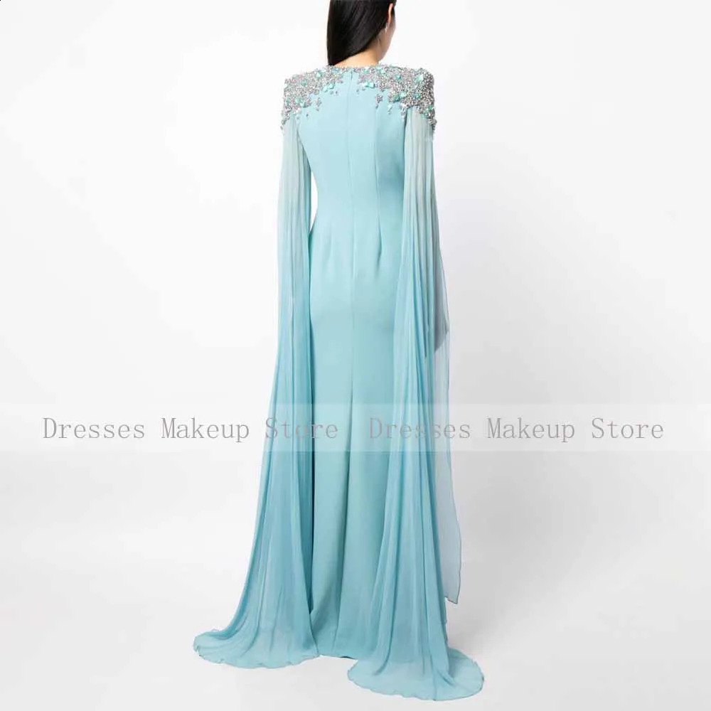 Light Sky Blue Wedding Party Dress Crystal Clock Sleeves O Neck Evening Dresses for Women Mermaid/Trumpet Evening Gowns 241223