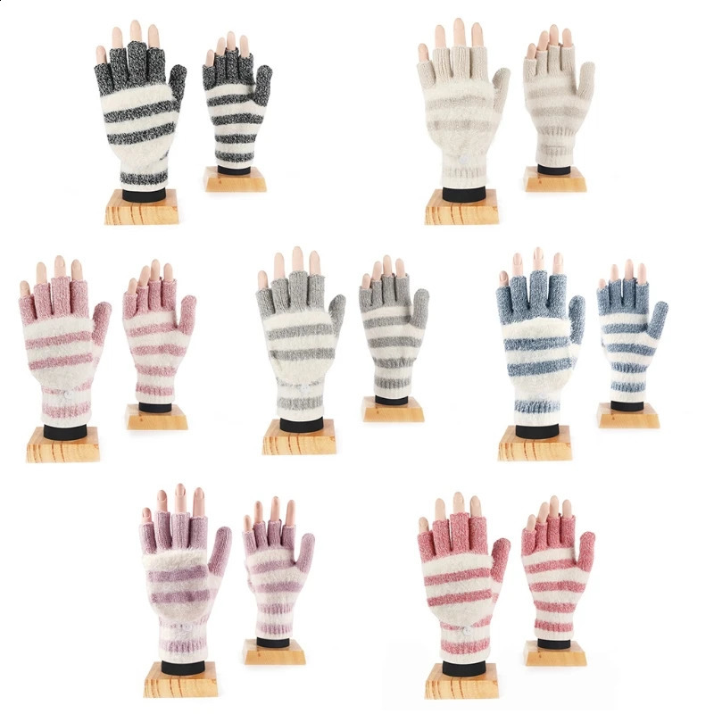 Plush Striped Gloves Fingerless Gloves with Flip Top Winter Knitted Mittens M6CD 241226