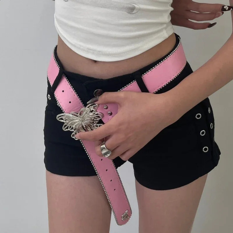 Y2k Harajuku Trendy Butterfly Black Belt Women Jeans Trousers Skirt Accessories Leather Belt Fashion Pink Tactical Belt Gifts 241226