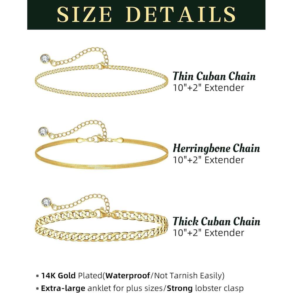 Plus Size Ankle Bracelets for Women Extra Large 10"+2" Adjustable 14K Real Gold Plated Trendy Anklet with Strong Lobster Clasp Cuban k, Figa