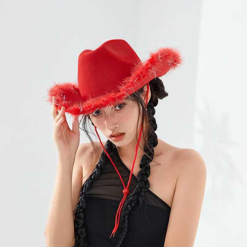 Womens denim hat solid color fuzzy decoration wide Brim C sun hat party fashion W241225