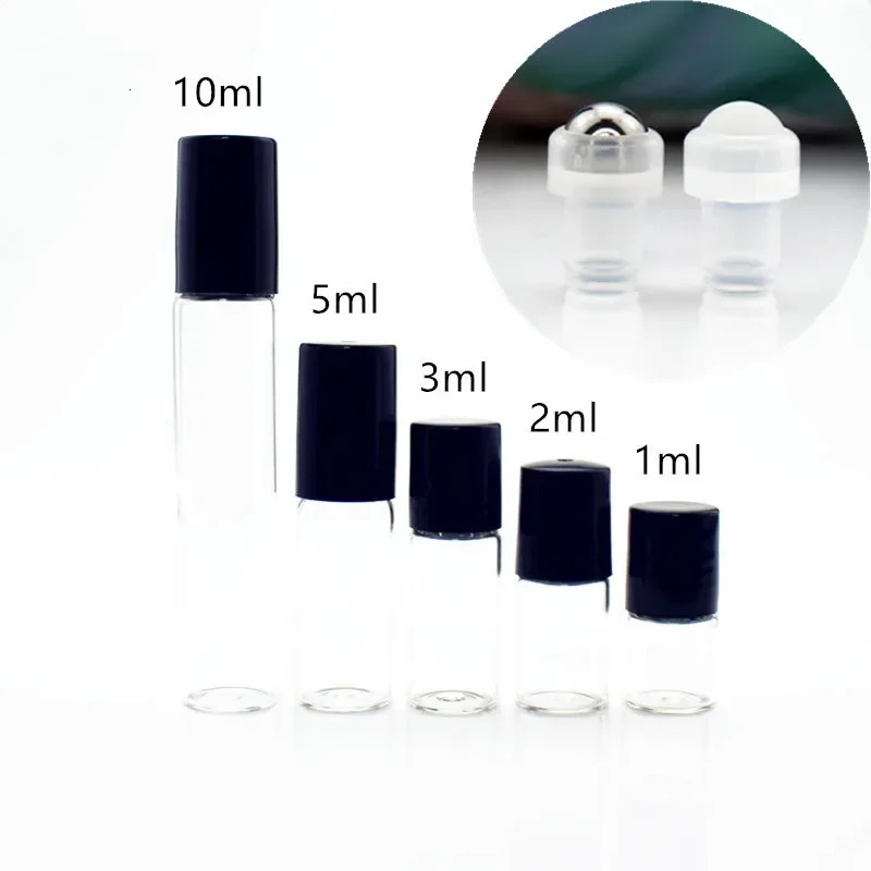 20/50pcs 1ml 2ml 3ml 5ml 10ml Transparent Glass Perfume Roller Bottles Clear Essential Oil Vials with Stainless Steel Roll On 241225