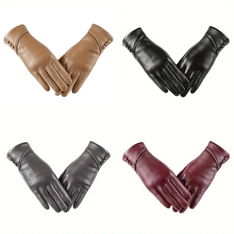 Winter Fashion Leather Gloves For Women Touch Screen Wool Lined Outdoor Windproof Warm Suede Driving Dress Gloves 241226