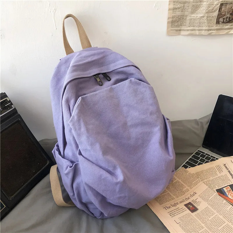Solid Color Schoolbag Student Canvas Backpack Large Capacity Laptop Bags Shoulder Bag for Women Travel Backpacks 241225