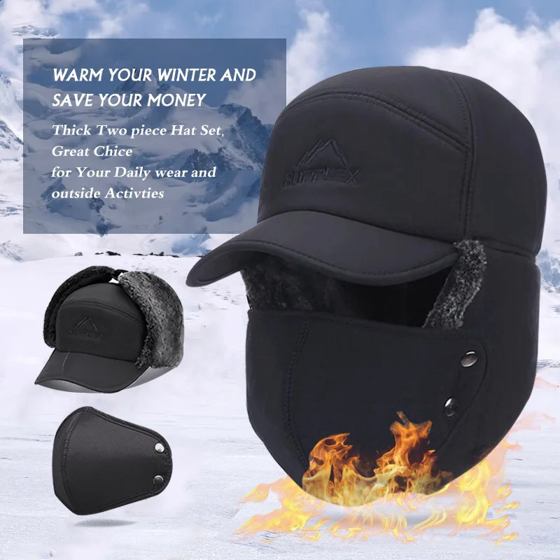 Winter Fur Warm Windproof Hat Men Women Lei Feng Cap Bomber Faux Fur Ear Flap Cap Black Ski Trooper Trapper Cold Anti-snow Cap 241226