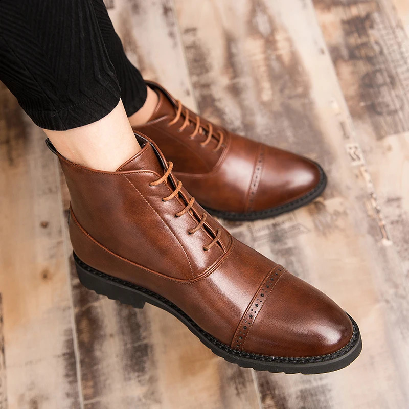 Leather Casual Shoes High Top Mens Martin Boots England Style Solid Boots Oxfords Lace Up Outdoor Mens Ankle Boots Shoes IV 241226