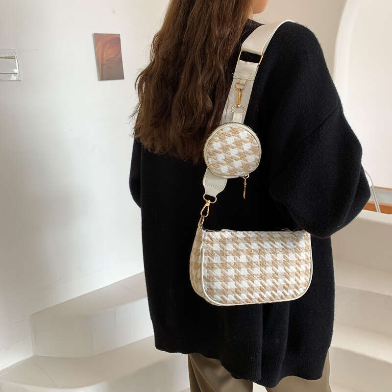 Fresh Checkered New Korean Style Elegant Simple Wide Strap Single Shoulder Crossover Small Square Bag