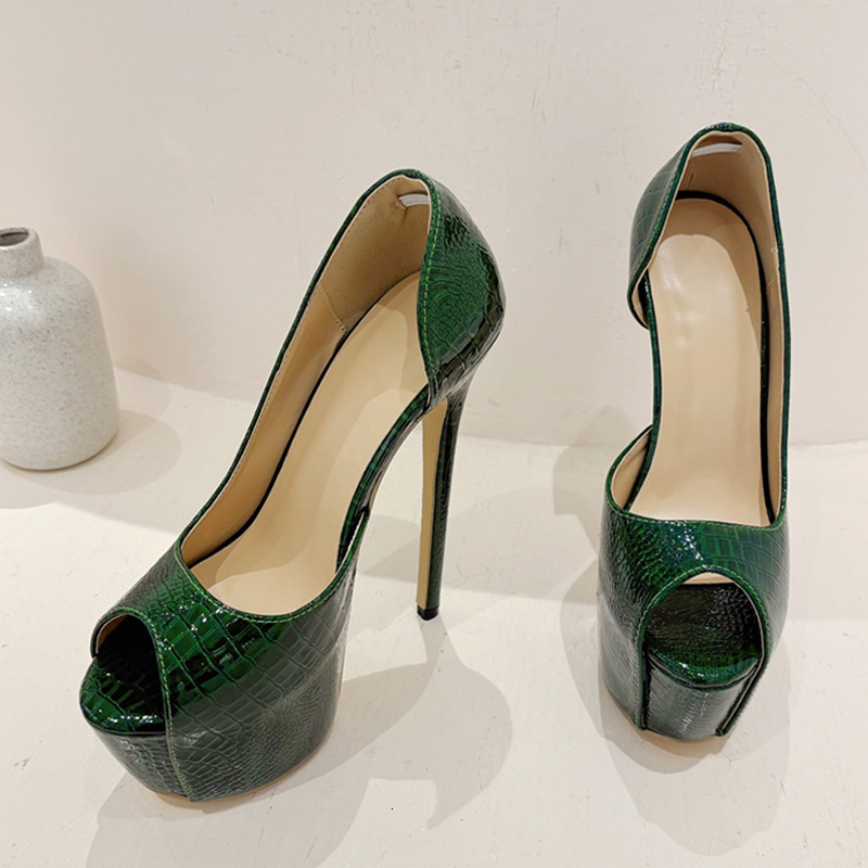 Liyke 2024 New Green Snake Print Leather Platform Pumps Women Sexy Sgback Peep Toe Extreme High Heels Strip Pole Dance Shoes