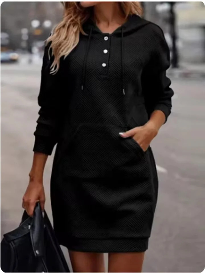 Button Hooded Pocket Pullover Top Womens High Street Casual Comfortable Autumn Winter Solid Color Mini Dress 241223