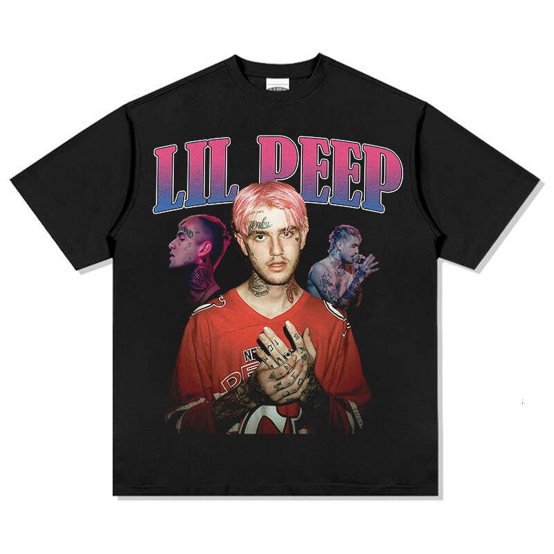 Hip hop lil peek printed high street short sleeved T-shirt vintage washed pure cotton round neck hooded sweatshirt