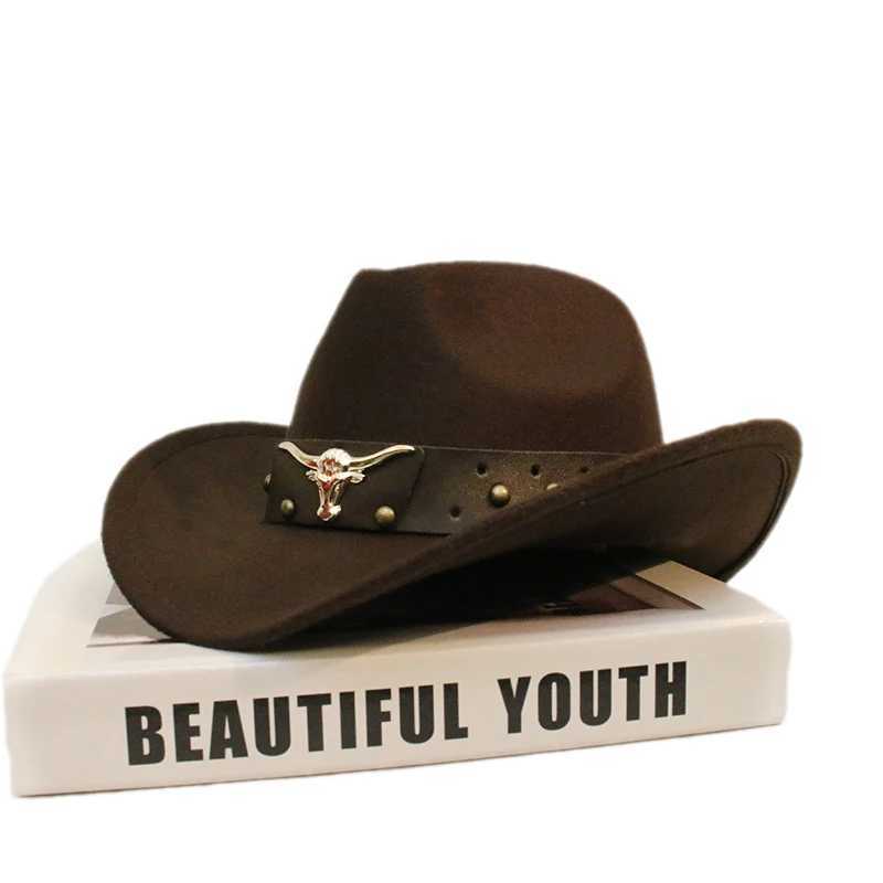 Retro Cow Head Rivet Belt Neutral Womens/Childrens Wool Wide Brown Sun Cowboy Western Cowboy Hat C 54-57-61cm W241225
