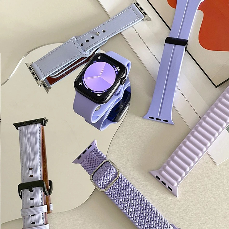 Lavender Purple Nylon Magnetic Silicon Strap For Watch Band S10 9 8 7 6 SE 38/40/41/42/44/45/46/49mm Bracelet 241220