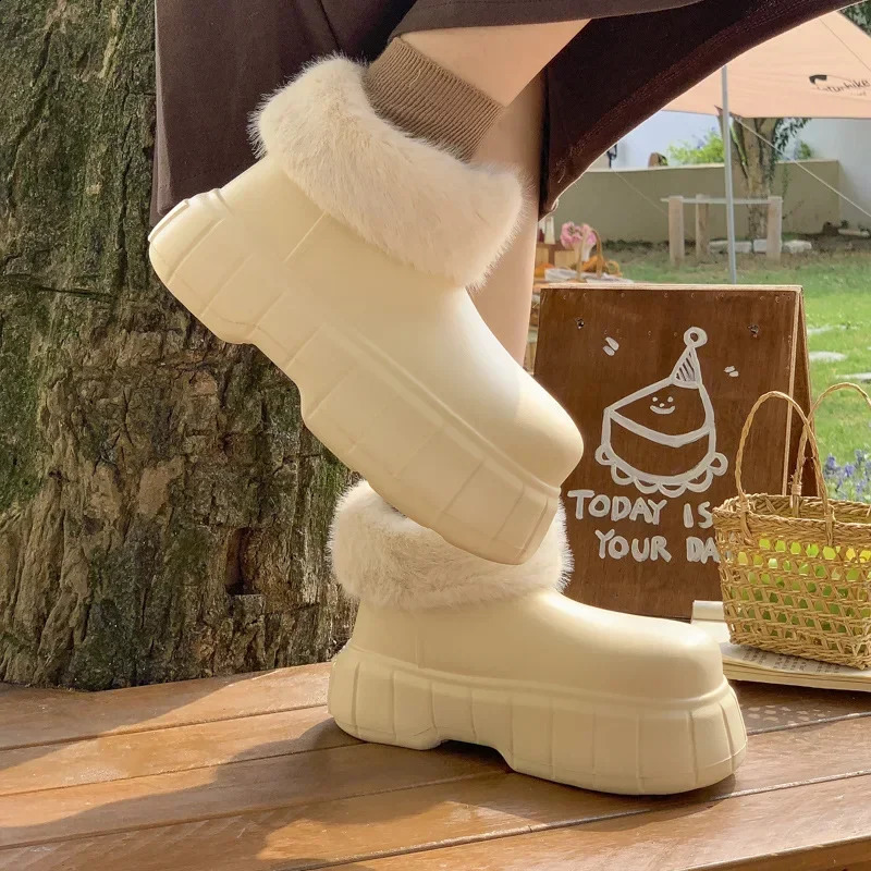 High Top Waterproof Cotton Shoes for Womens Winter Outdoor Plush EVA Thick Soled Rain Boots Green Keep Warm Botines Ladies 241226