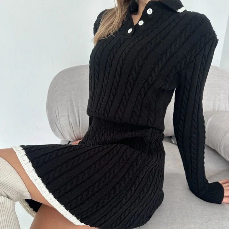 YJKDYK Spring Autumn Womens Knitwears Clothing Set Female Lapel Button Sweater Contrast Skirt Elegant 2piece Sets For Women 241220