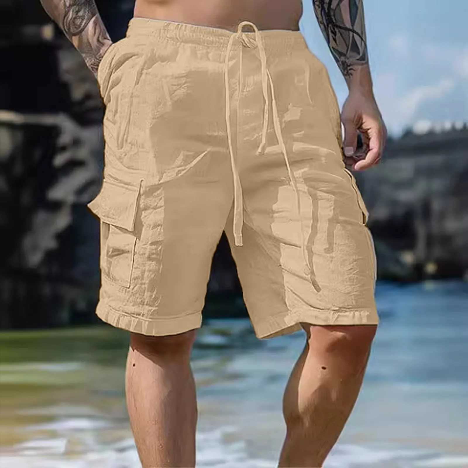Summer fashion loose white cargo shorts mens streetwear beachwear solid color pocket shorts exercise pants 2024 W241226
