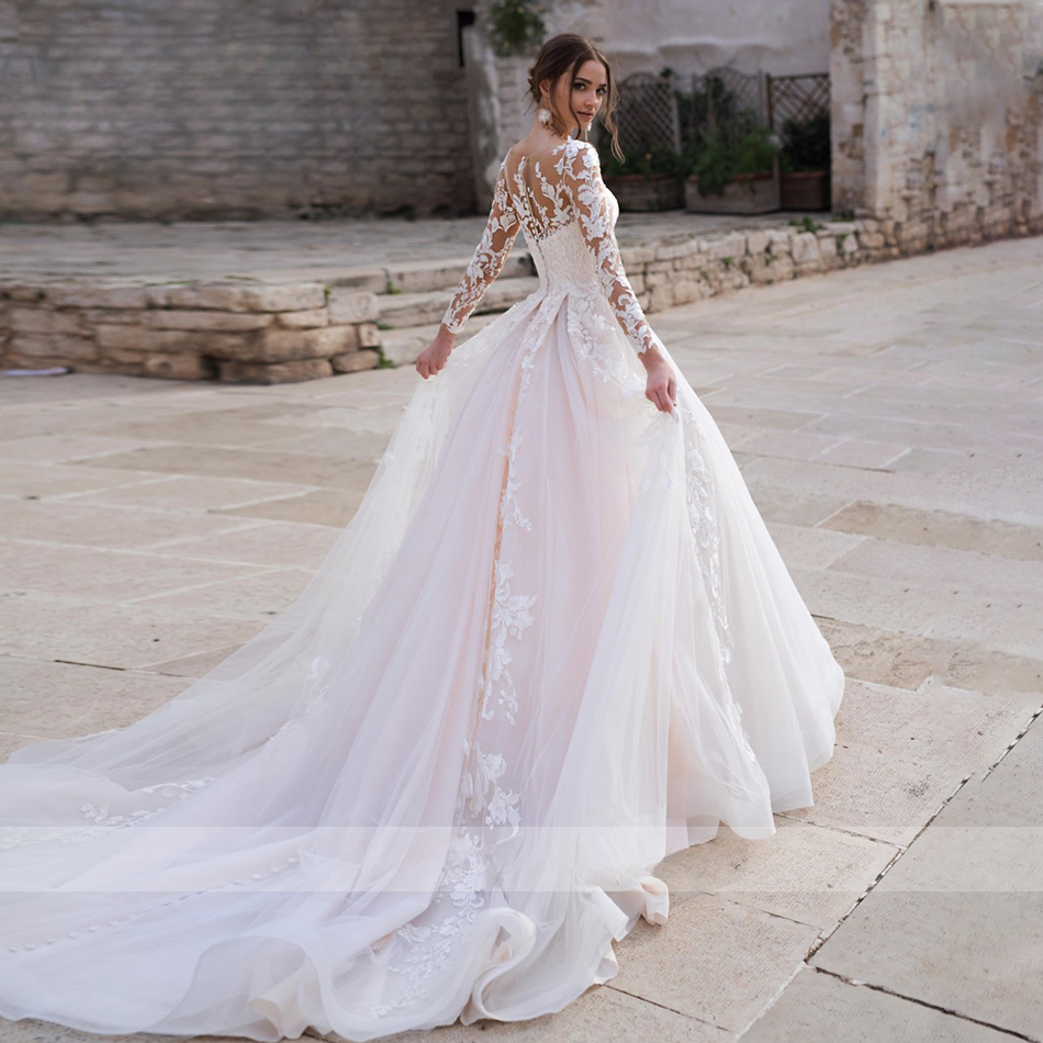 Sexy Illusion Lace Wedding Dresses Formal Long Sleeves Bridal Gowns Customized Vestidos De Marriage Garden Brides Dresses Plus Size