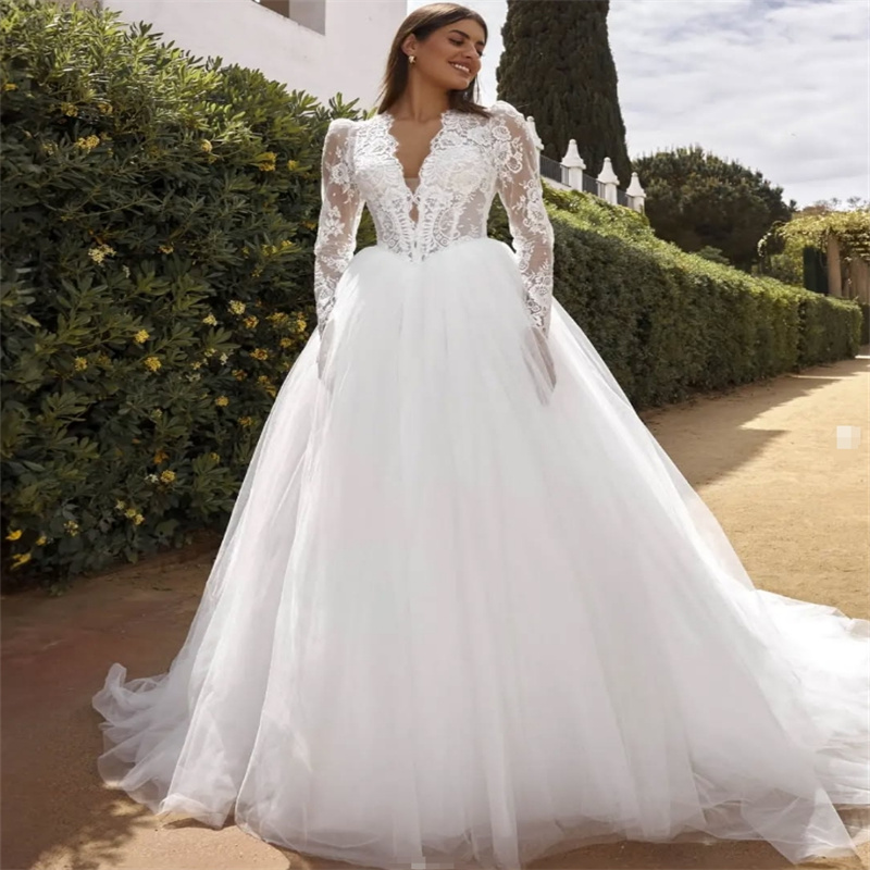 Gatsby Boho Wedding Dresses V Neck Long Sleeve Lace Bride Dress Fairy Beach Bohemian Bridal Dress A Line Tulle Boda Vestidos De Novia 2025 Bohemian Ro