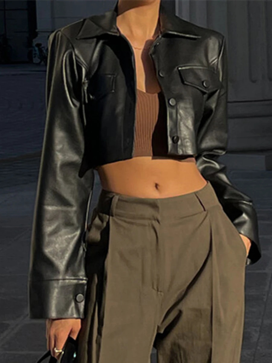 Womens y2k Black Faux Leather Crop Jacket Retro Long Sleeve Button Down Lapel Cropped Jacket with Pocket Casual Coat Streetwear 241226