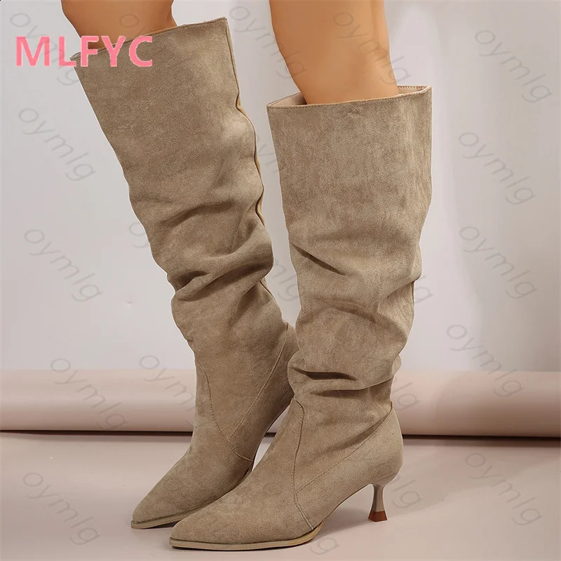 Women Boots Winter Pointed High Heels Stacked Boots Wide Sleeved Long Boots Slimming Thin Heels High Sleeved Knights Boots Mujer 241226