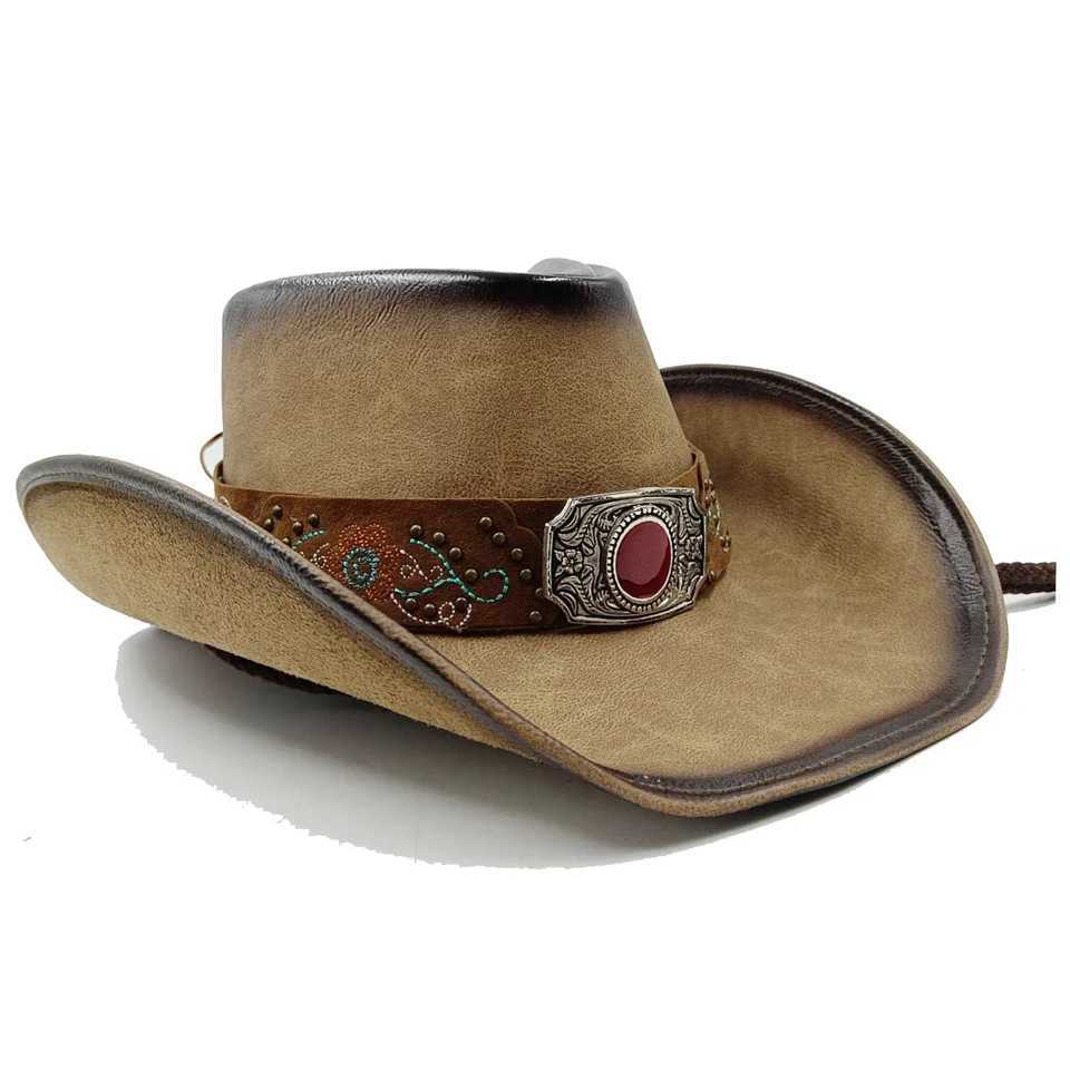 30% Stye Leather Mens Western Cowboy Hat Suitable for Gentleman Dad Cowboy Girl Straw Hat Hombre Cs Large Head W241225
