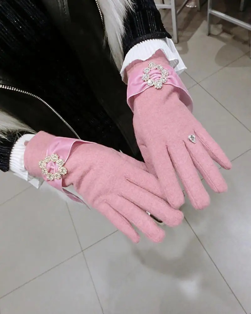 Velvet Rhinestone Buckle Tassel Cashmere Gloves Women Japan and South Korea Warm Thick Five-Finger Split Finger Gloves 241226